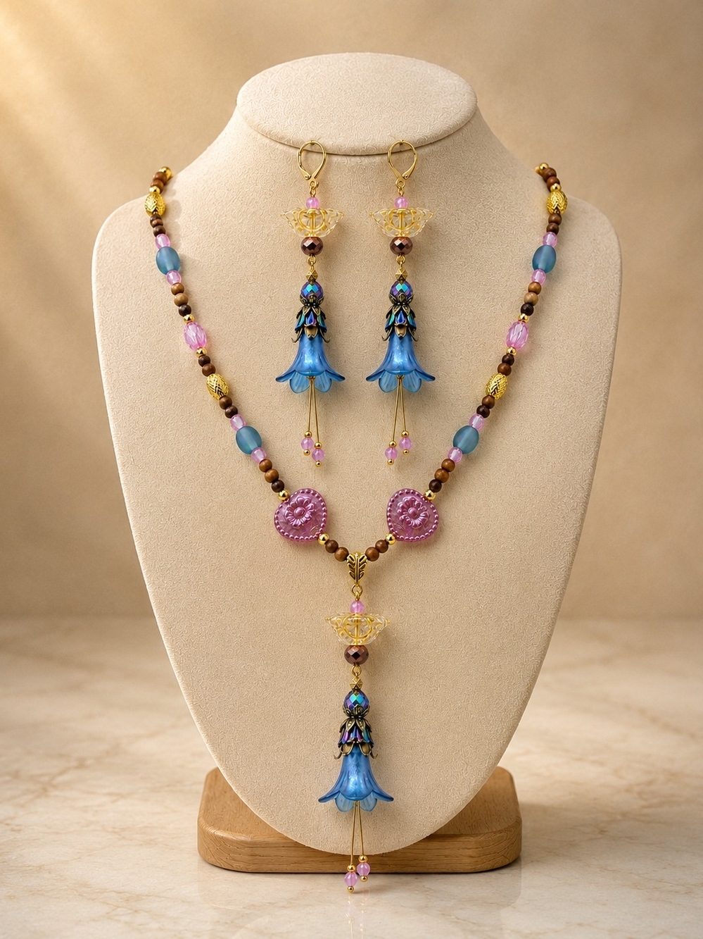 Nature Inspired Boho Blue Pink & Bronze Flowers & Birds Drop Necklace & Earrings